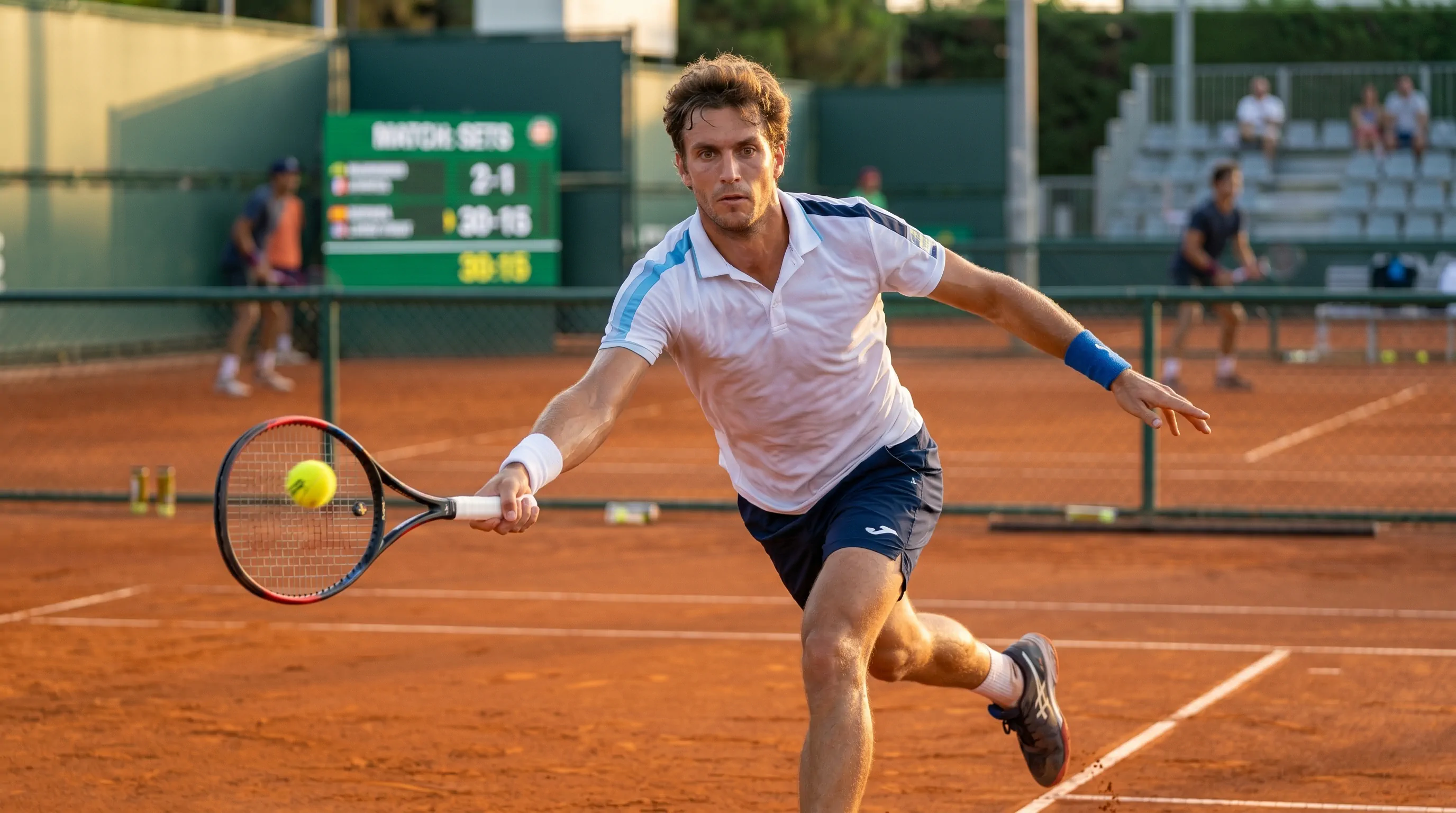 Player stretching for a forehand on clay