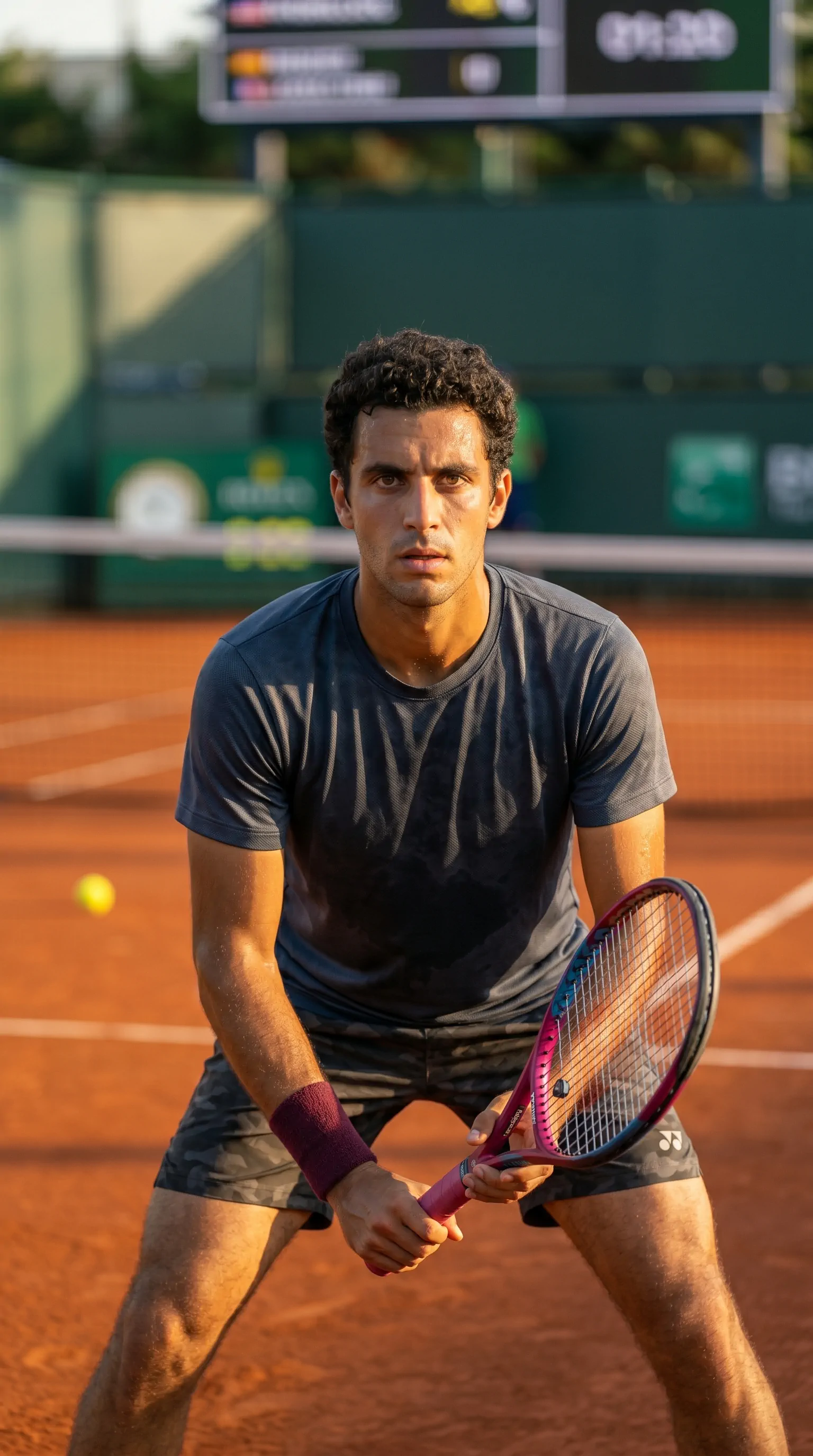 Tennis player set in a ready stance on clay