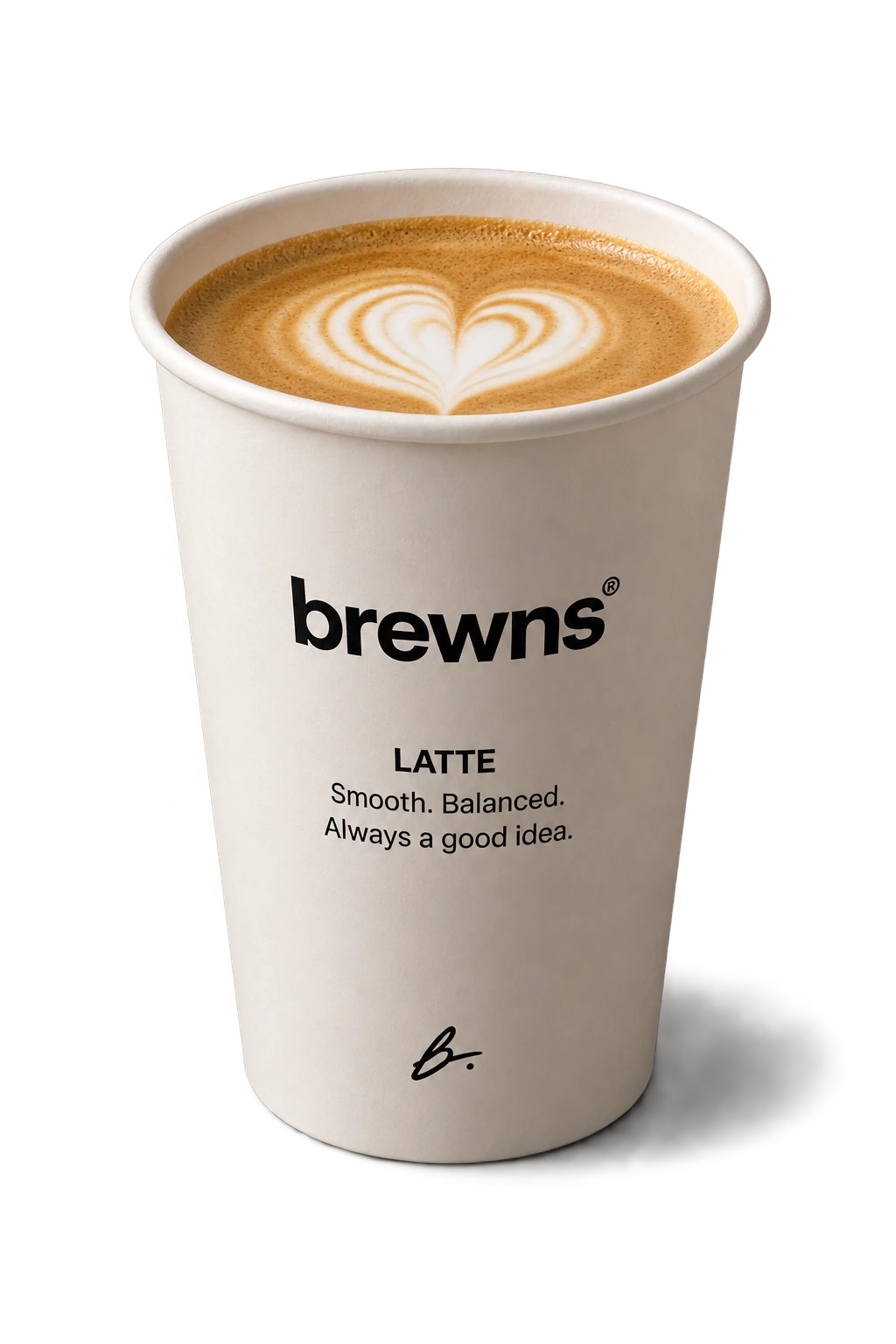 A brewns latte cup with a heart poured into the foam