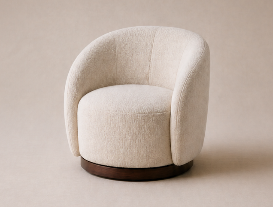 Chairs — cream bouclé swivel armchair