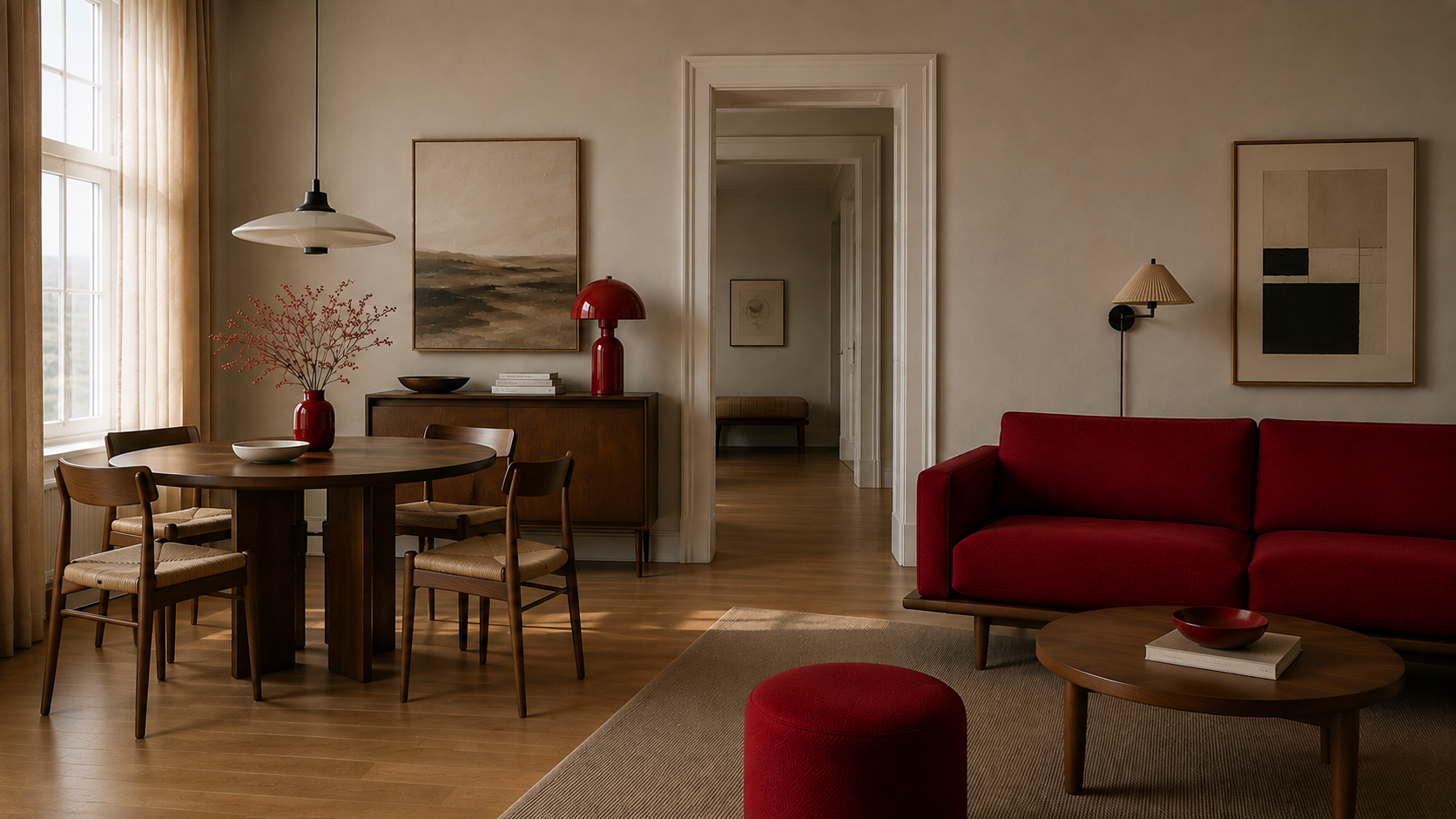 Imagined interior with a dining table, sideboard and red sofa