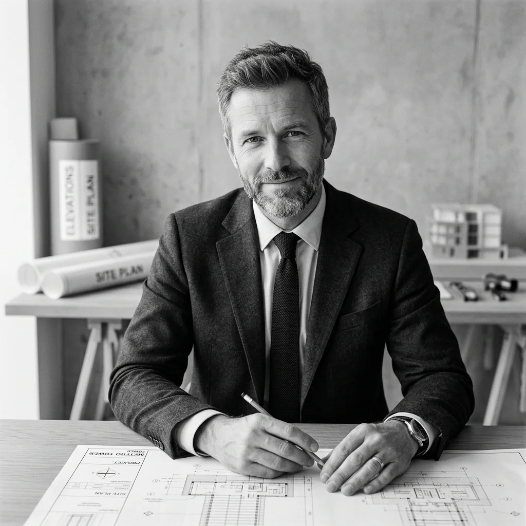 Black-and-white portrait used as an illustrative design asset