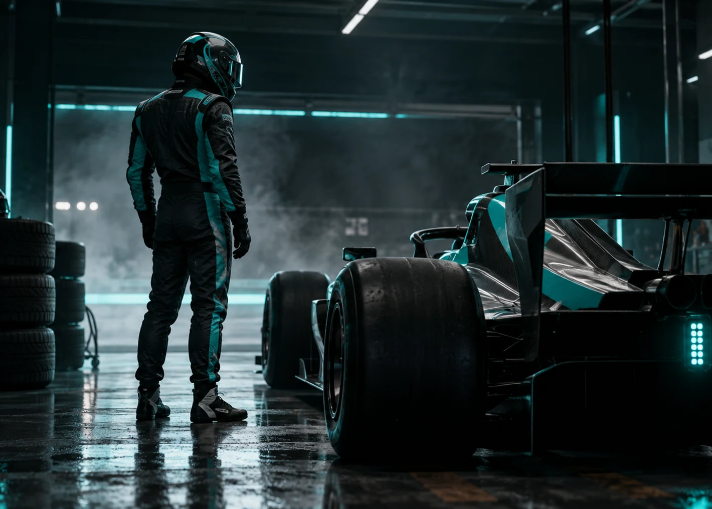Fictional racing identity in a dark garage