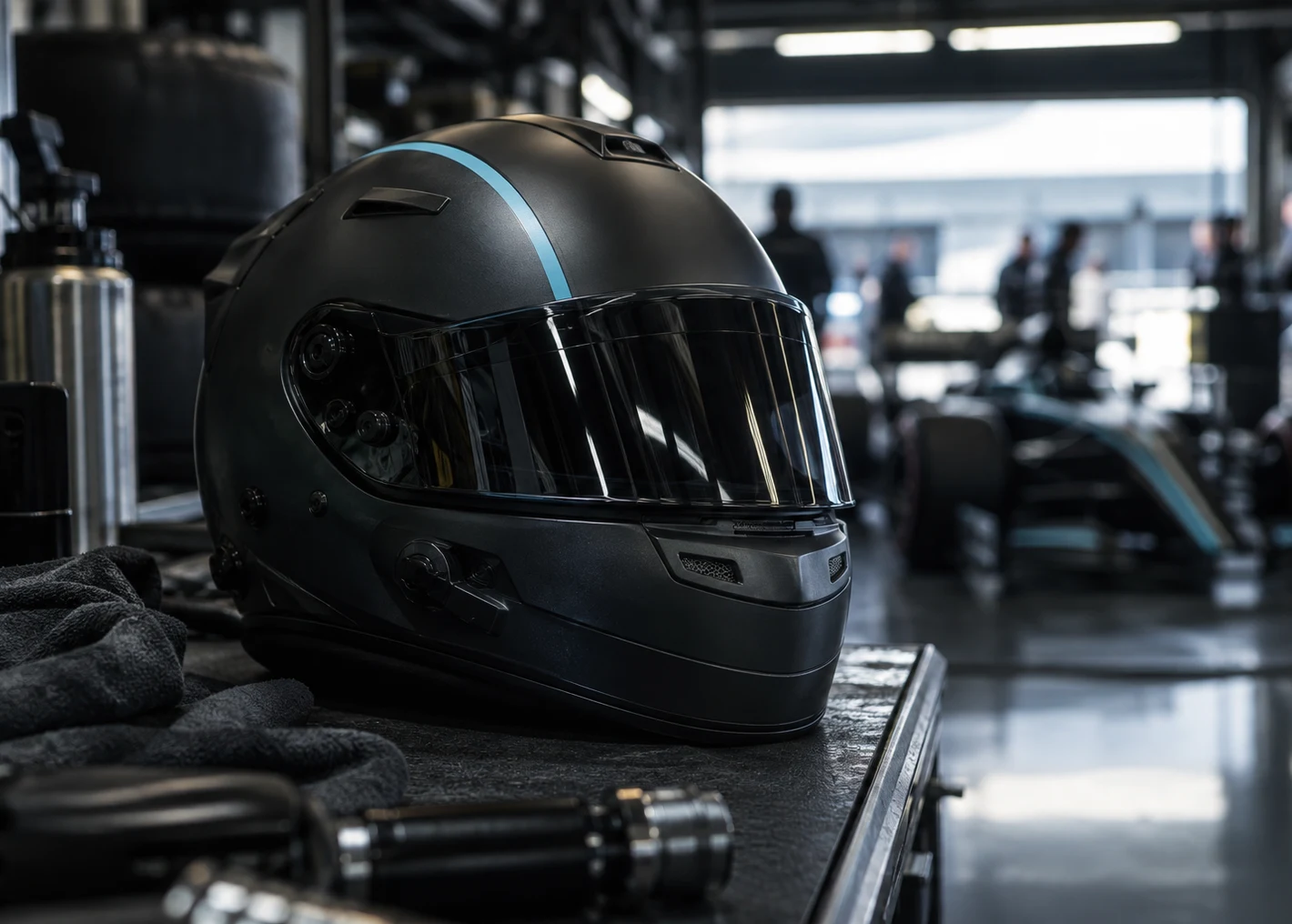 Unbranded helmet in a racing garage