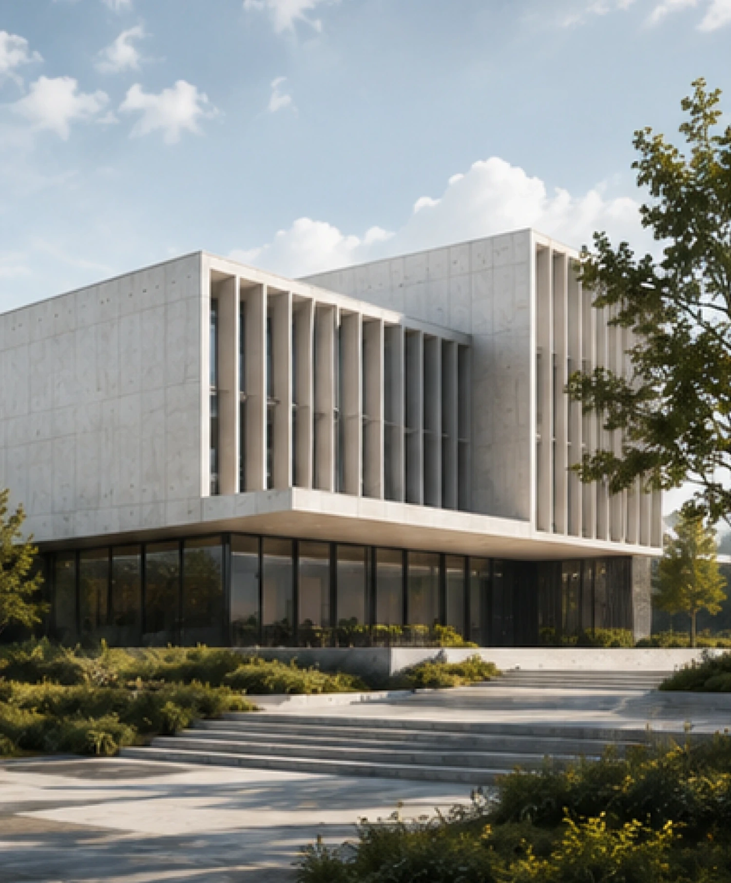 Fluted-concrete civic building above landscaped steps