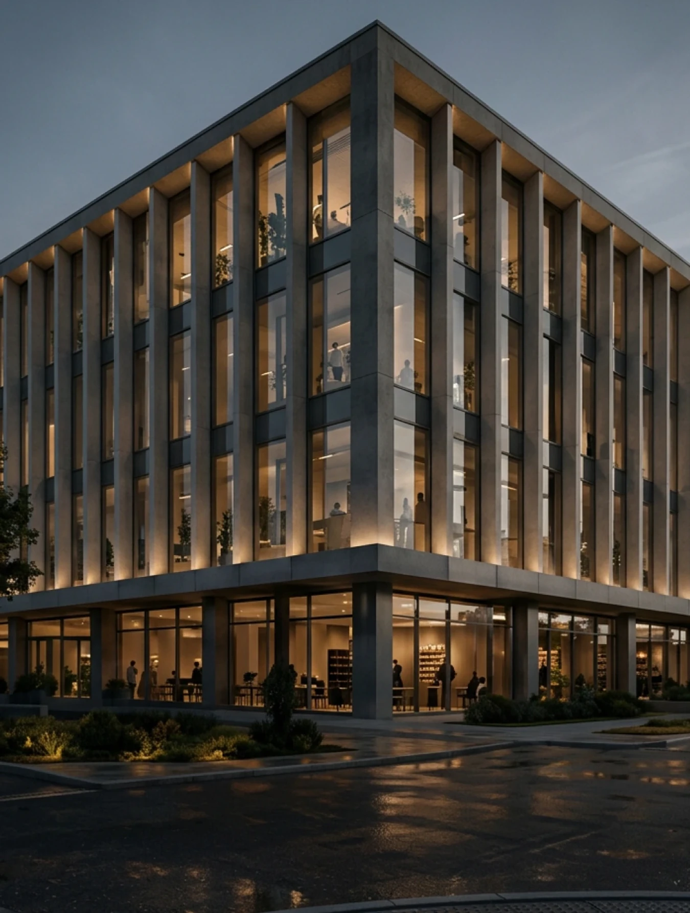 Colonnaded commercial building lit at dusk