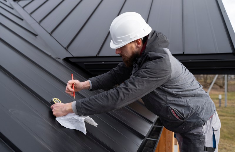 Roofer marking a standing-seam panel during the build
