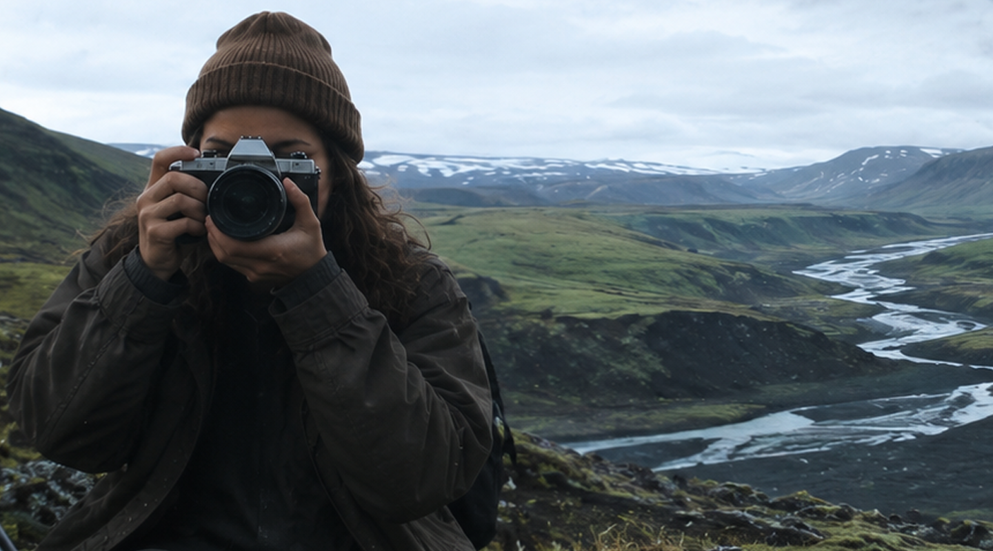 A traveller raising a camera over a glacial river valley