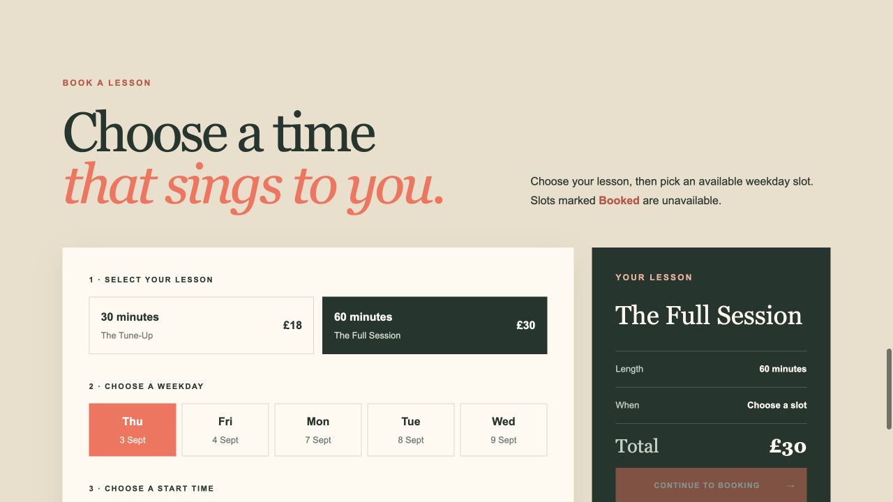 First Chenai Wise Music booking concept with a simple weekday selector