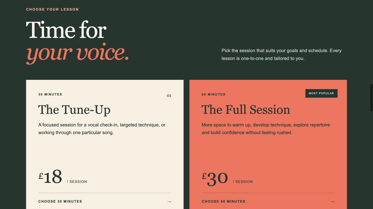 Chenai Wise Music lesson cards for thirty-minute and sixty-minute singing sessions