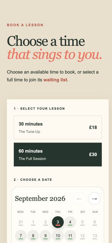 Chenai Wise Music mobile booking journey showing lesson selection and a monthly calendar