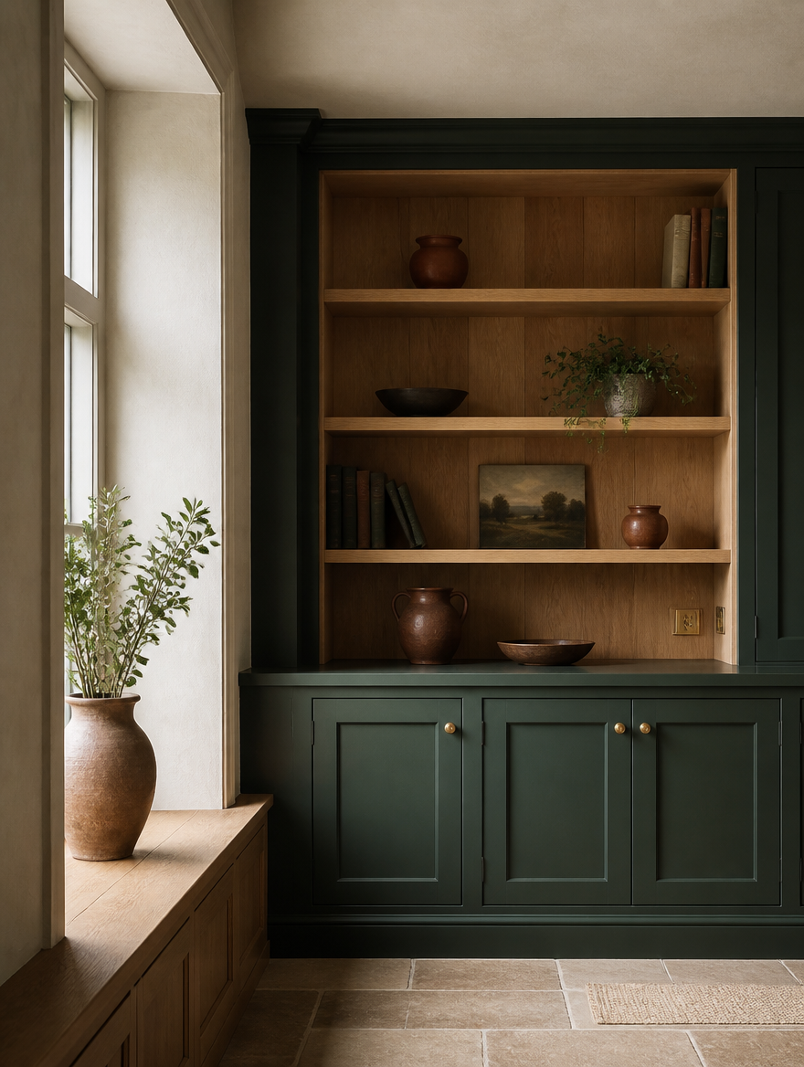 Illustrative dark green fitted cabinetry with natural oak shelving in a softly lit room