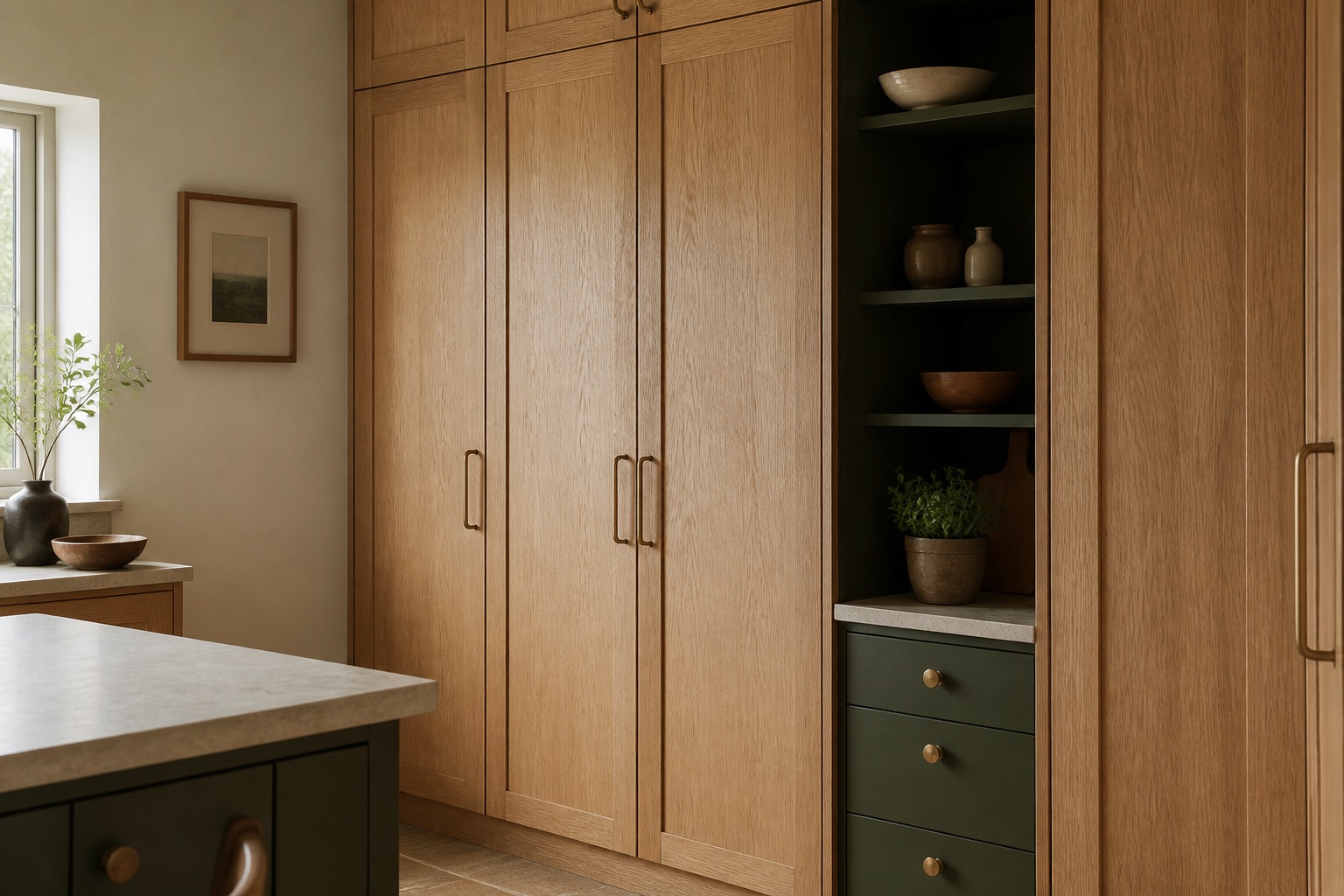 Illustrative oak kitchen joinery