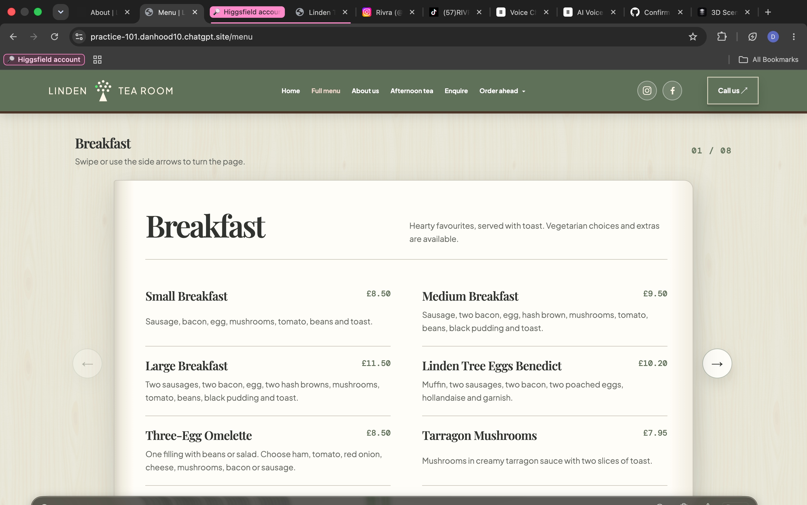 Redesigned Linden Tree breakfast menu page