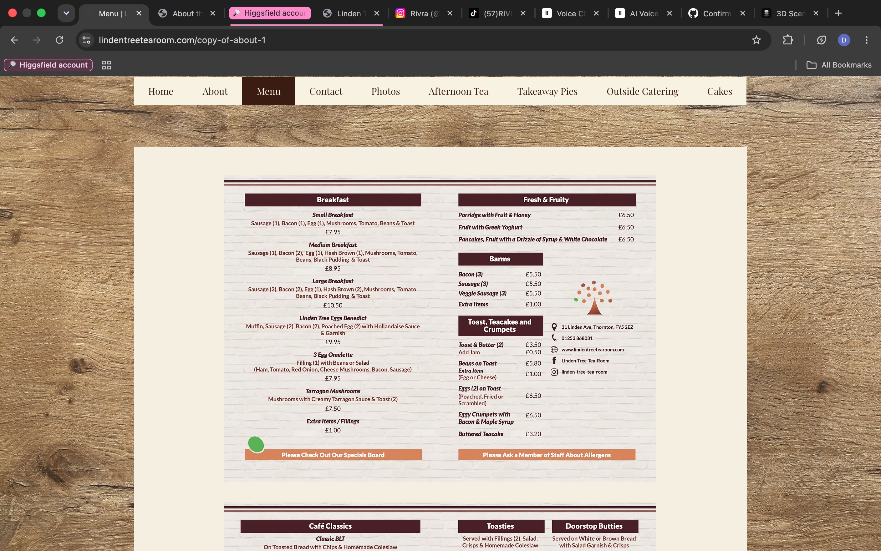 Original Linden Tree breakfast menu page