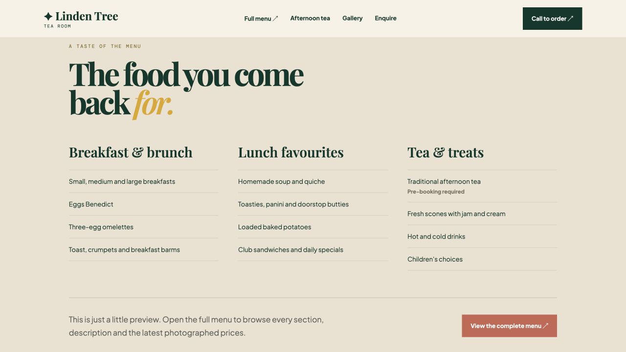 Linden Tree redesign showing organised breakfast, lunch, tea and treats menu sections