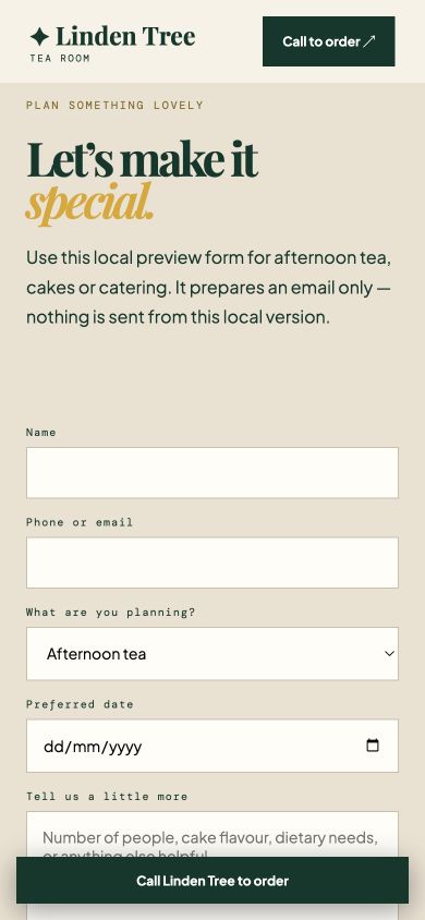 Mobile Linden Tree redesign showing a clear enquiry journey and call button