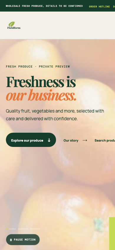 Current fresh-produce website mobile opening under neutral branding